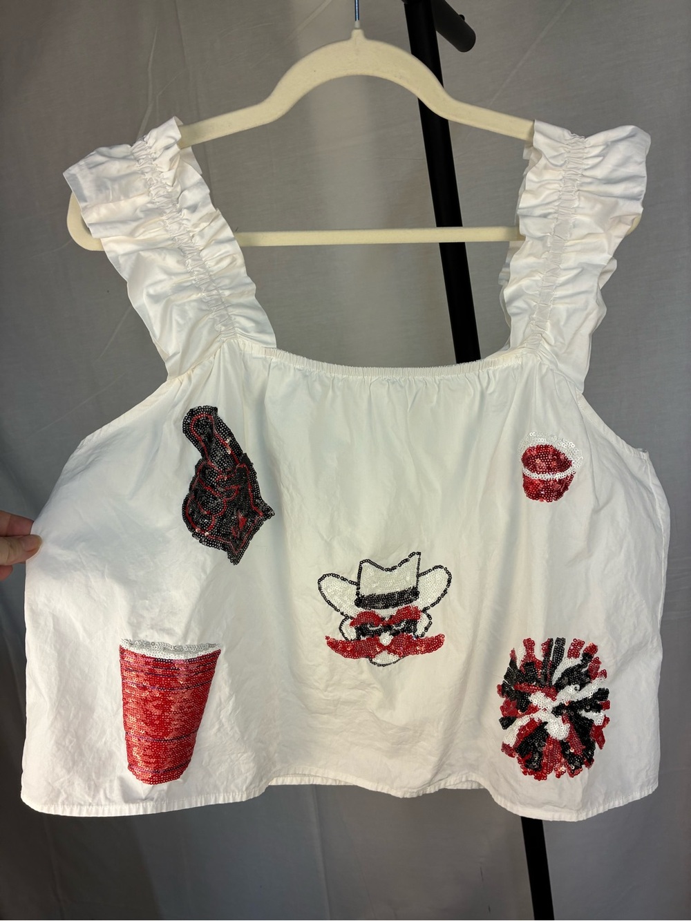 Queen of Sparkles Texas Tech Sequined Ruffle Strap Top L